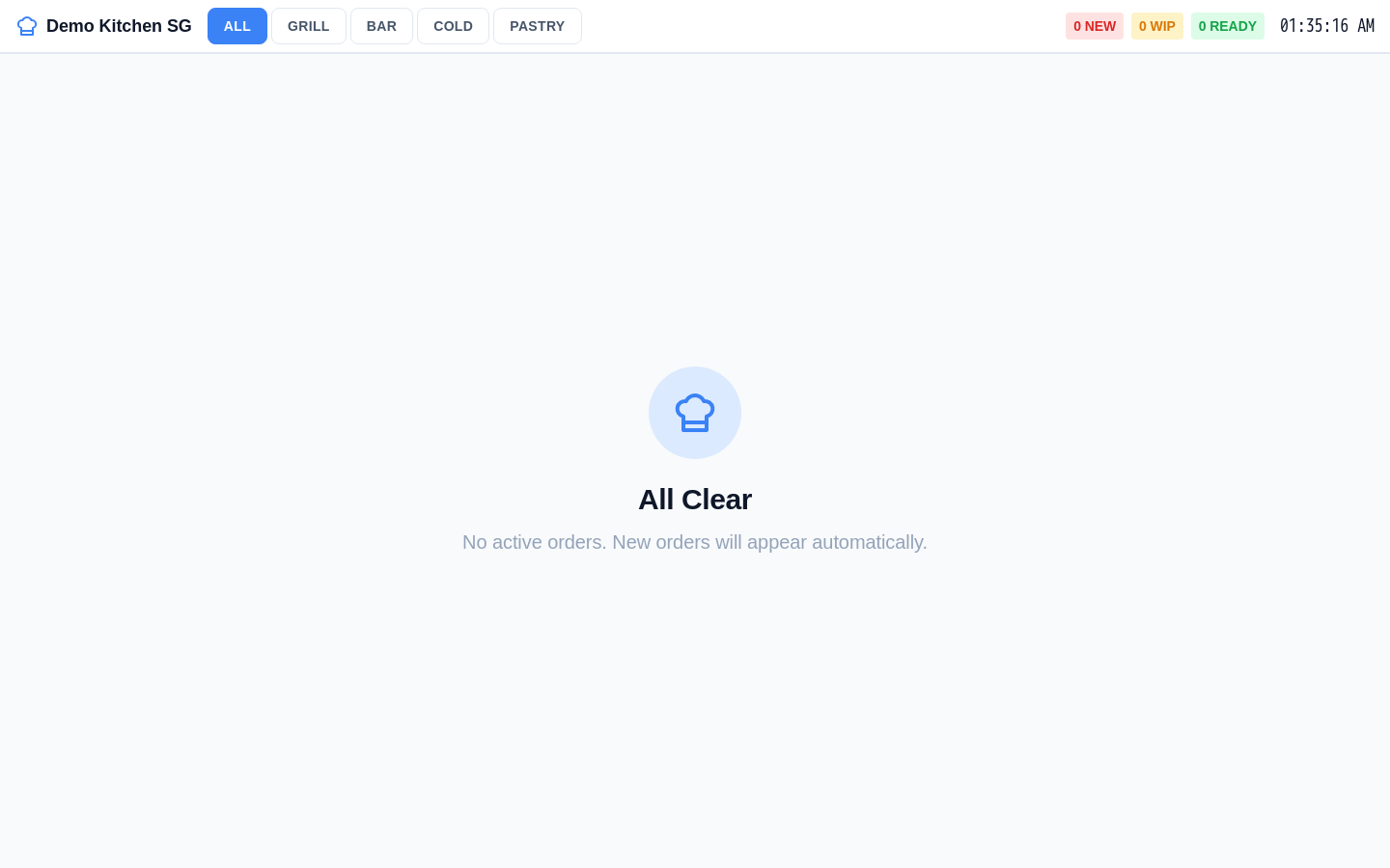 Invoco kitchen display screen with station tabs Grill/Bar/Cold/Pastry and active order tickets for Demo Kitchen SG hawker menu items