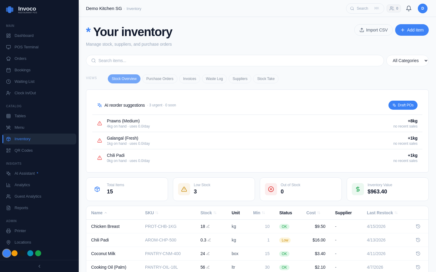 Invoco inventory management screen displaying ingredients table with low-stock warnings, unit costs, and AI reorder suggestions for precise portion costing