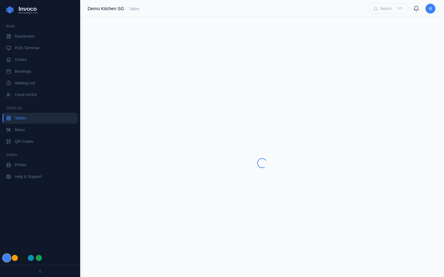 Invoco tables page displaying interactive floor plan map with table numbers, occupancy statuses, and seating layout