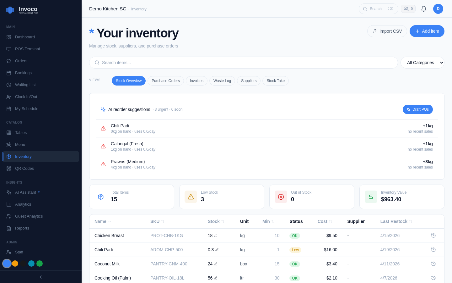 Invoco inventory management screen with low-stock warnings for key ingredients like prawns, galangal, and chili padi, plus AI-driven reorder suggestions