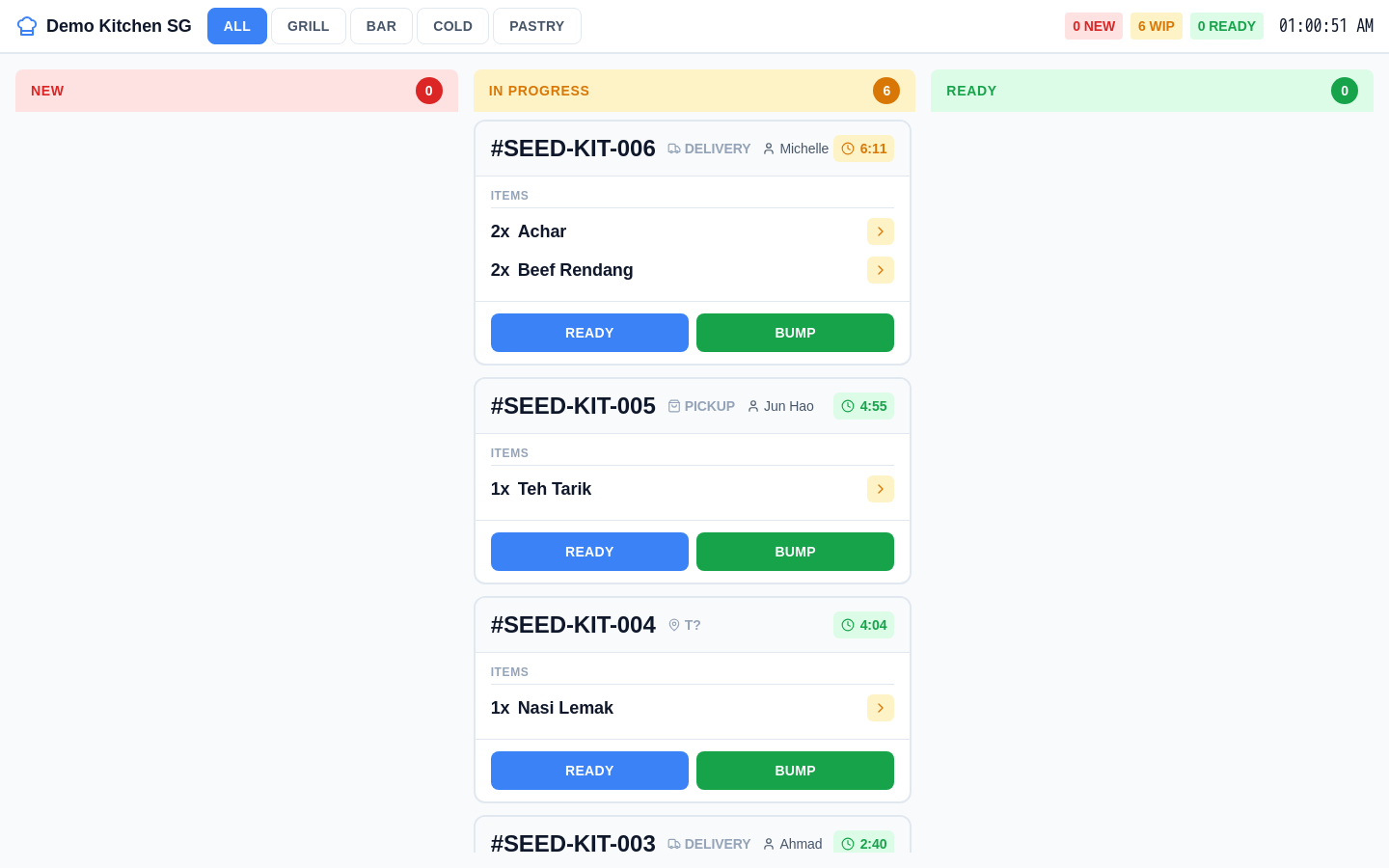 Invoco kitchen display with station tabs Grill/Bar/Cold/Pastry and 6 active zi char-style orders like Laksa and Nasi Lemak with timers and modifiers