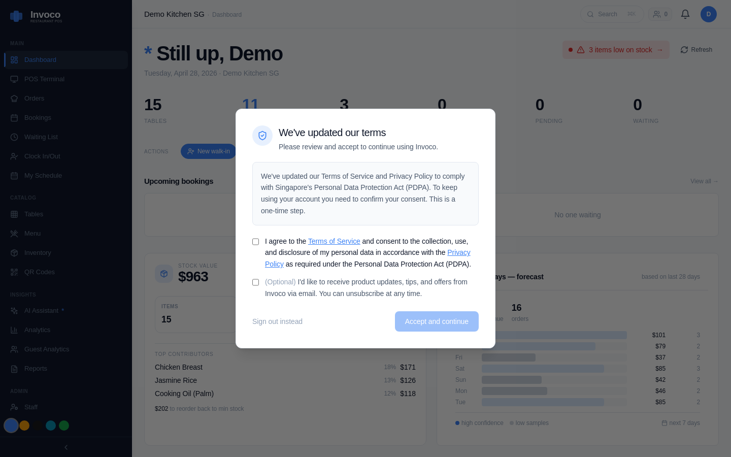Invoco dashboard displaying revenue card, active orders count, top-selling food court items ranked by volume, and upcoming reservations widget—optimized for hawker stall peak-hour 