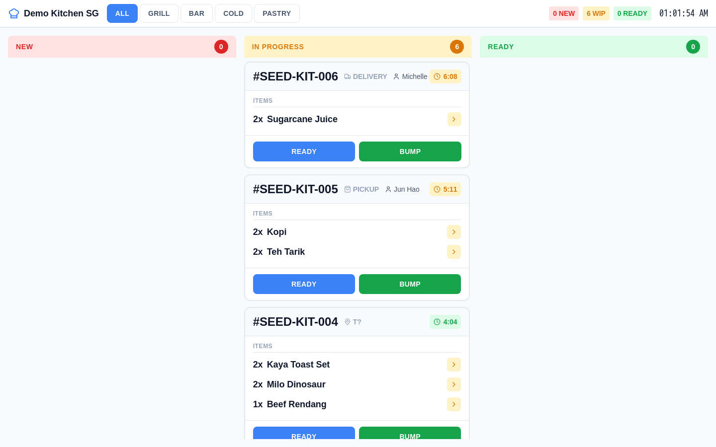 Invoco kitchen display system showing station tabs, active order tickets with status badges, timers, and modifiers for high-volume fast food prep