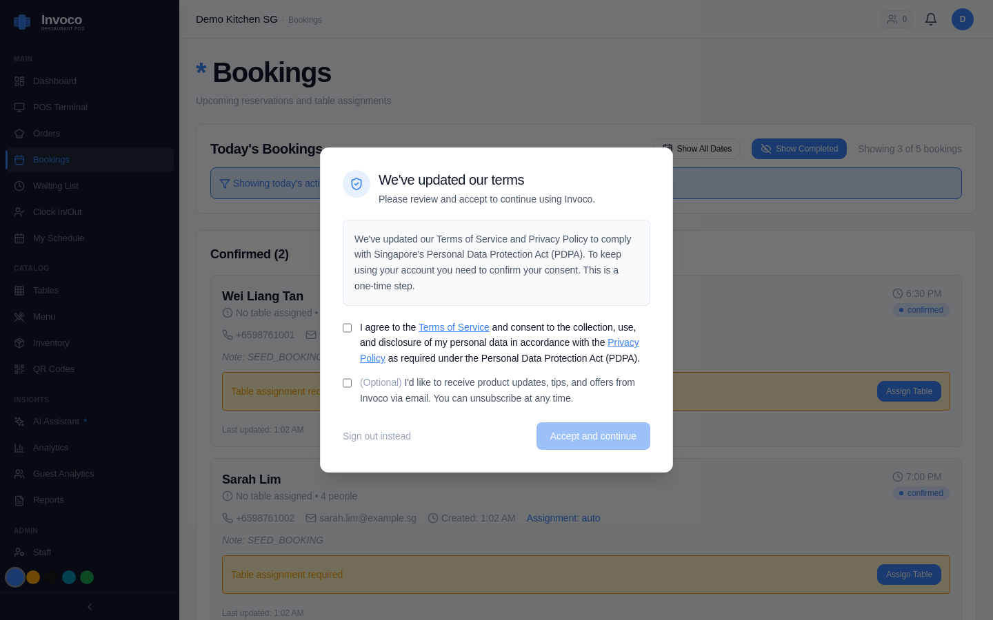 Invoco reservations page showing upcoming bookings by date