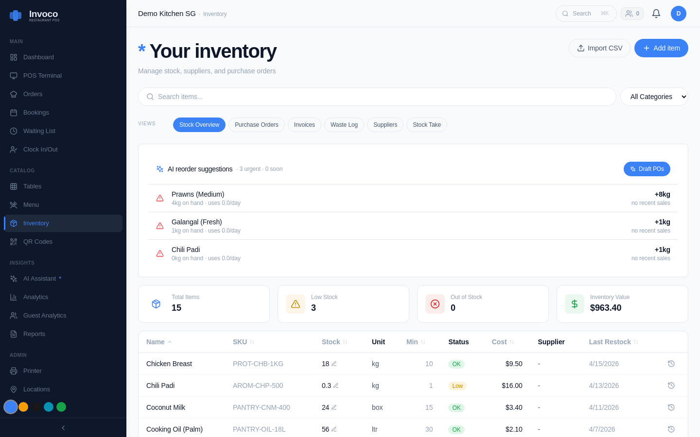 Invoco inventory management page tracking ingredients and stock levels