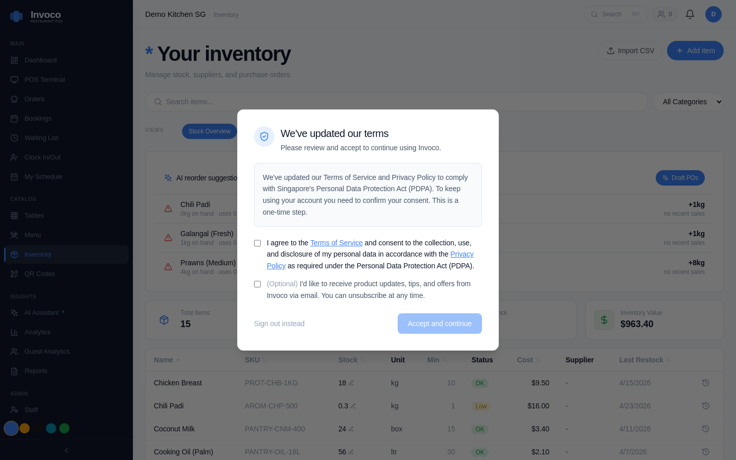Invoco inventory management page tracking ingredients and stock levels