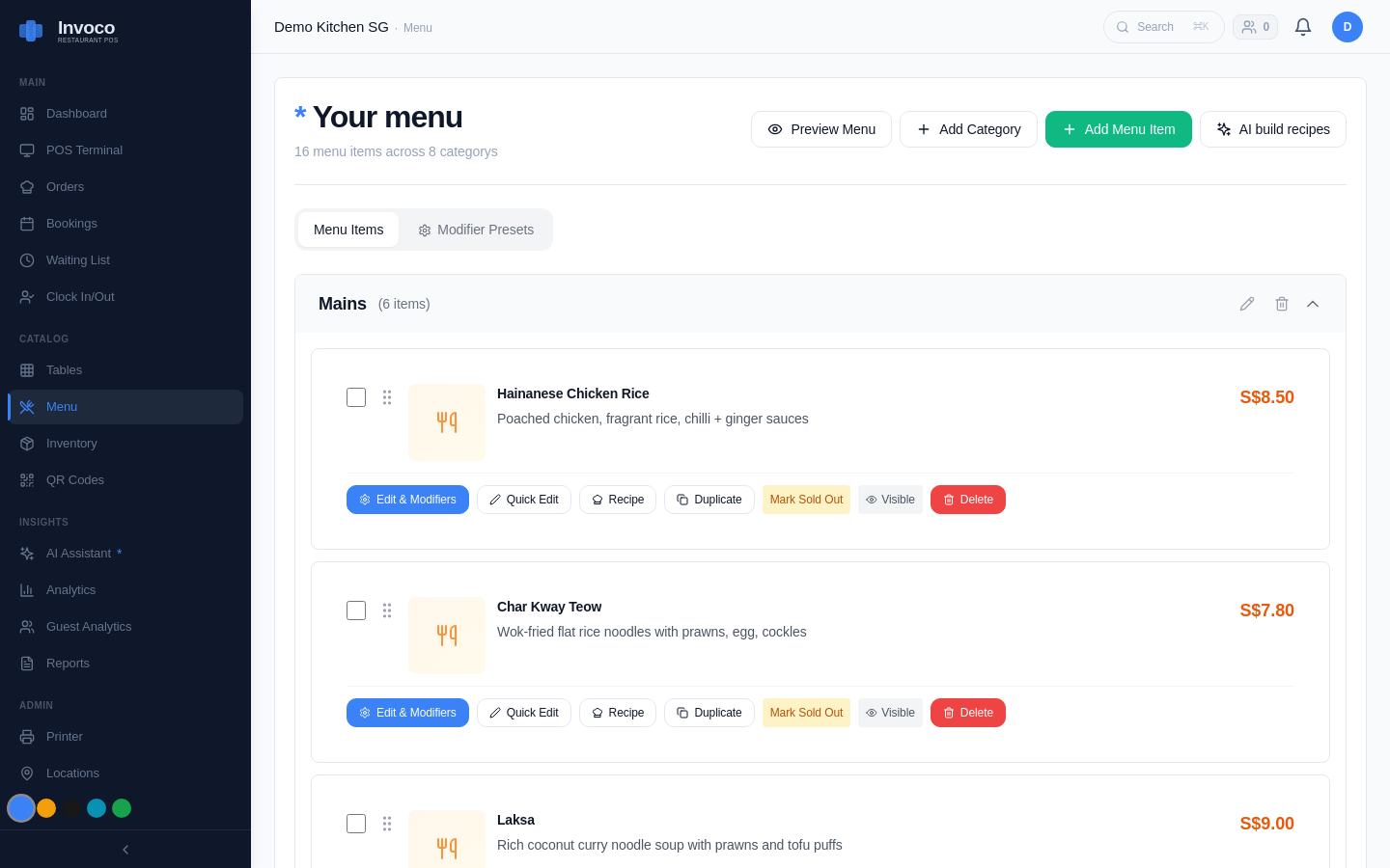 Invoco menu management page with categorised items and prices