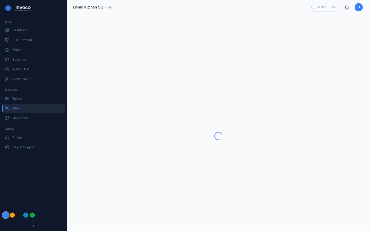 Invoco menu management page with categorised items and prices