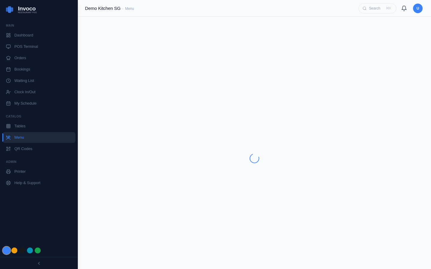 Invoco menu management page with categorised items and prices