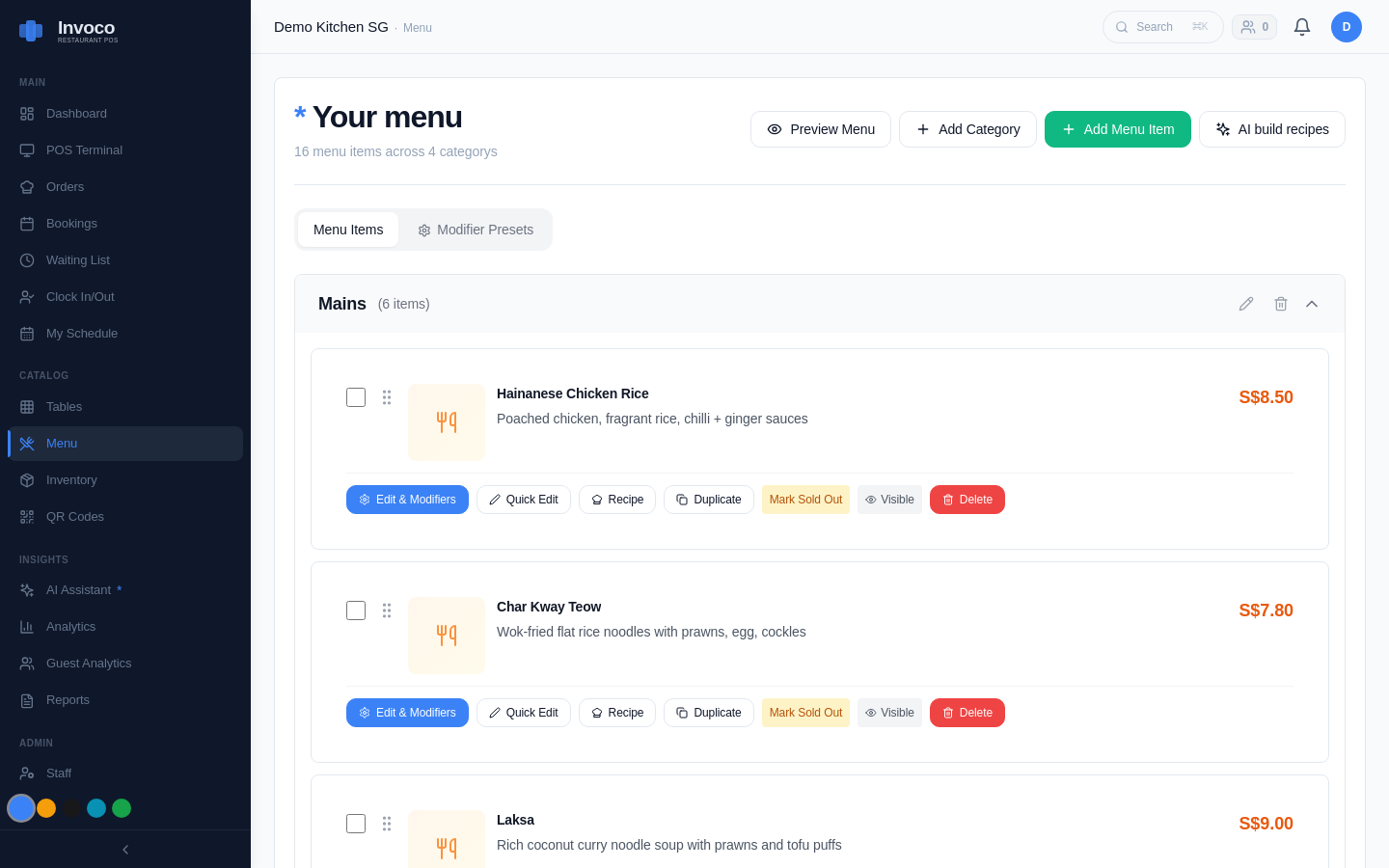Invoco menu management page with categorised items and prices