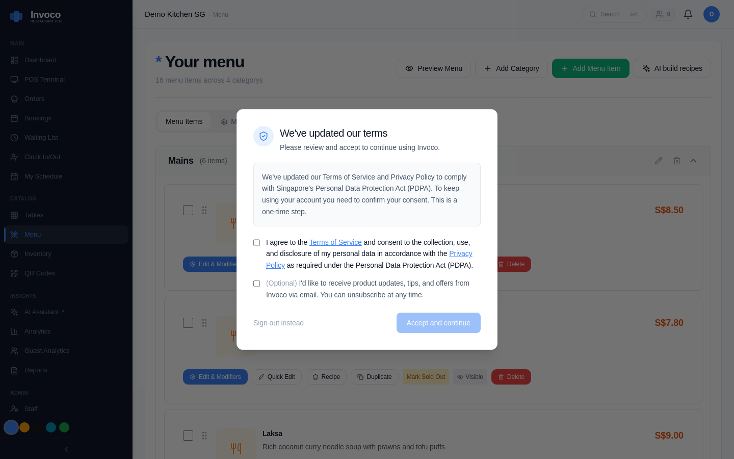 Invoco menu management page with categorised items and prices