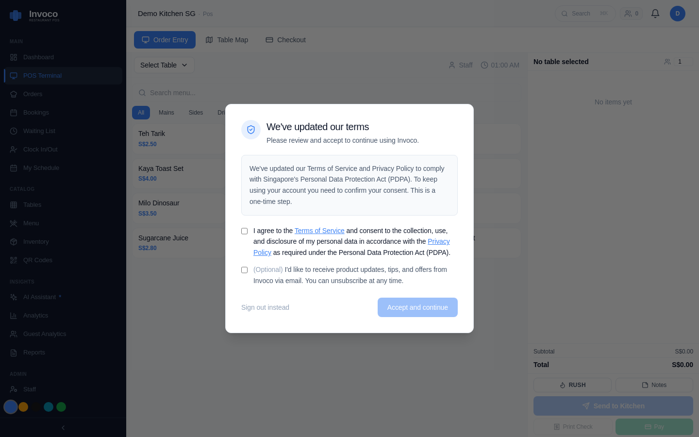 Invoco POS terminal checkout view with menu and payment options