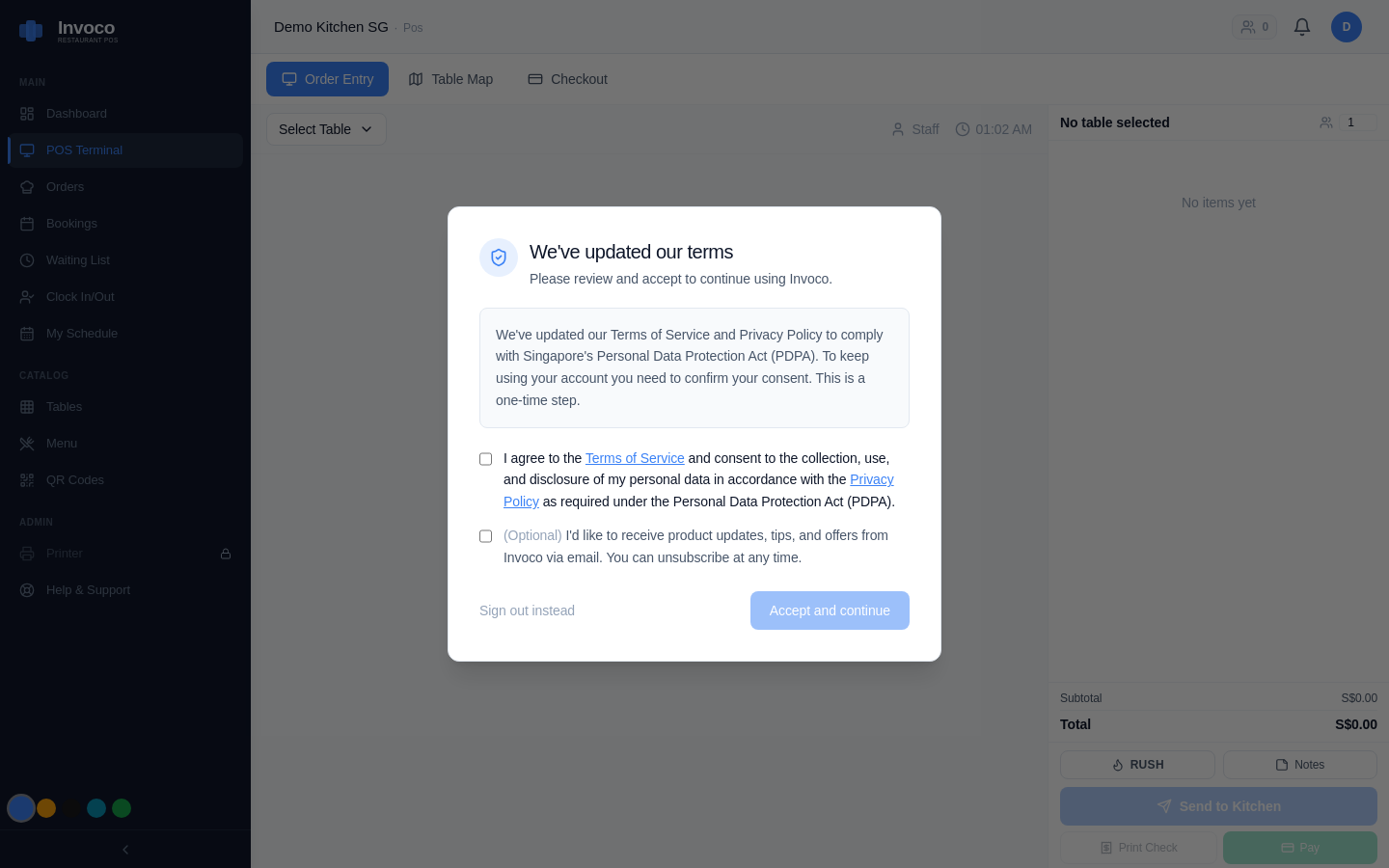 Invoco POS terminal checkout view with menu and payment options